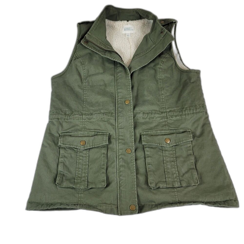 Market & Spruce Olive Green Women's Utility Vest with Sherpa Lining Size Large
